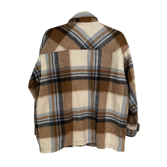 ZARA Wool Plaid Button Front Overshirt Jacket Cream Blue Brown S - Picture 4 of 6